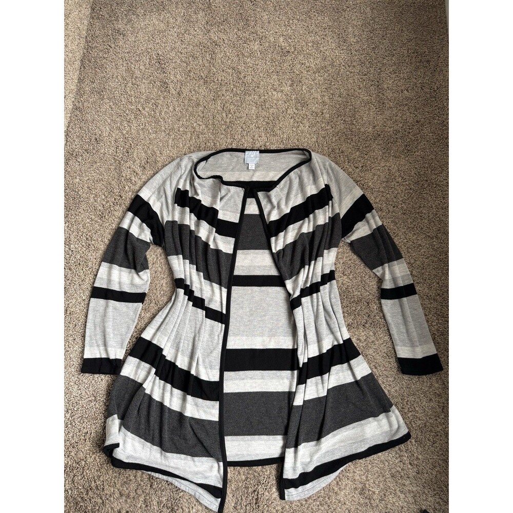 Women's Black White Grey Striped Open‎ Front Lightweight Mid Length Cardigan 1x